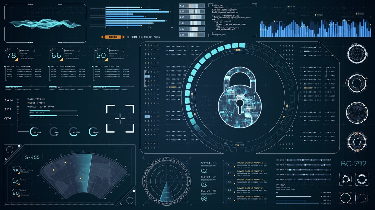 Blue digital security key with head up display (HUD UI) and circuit panel futuristic abstract background network firewall technology and data secure