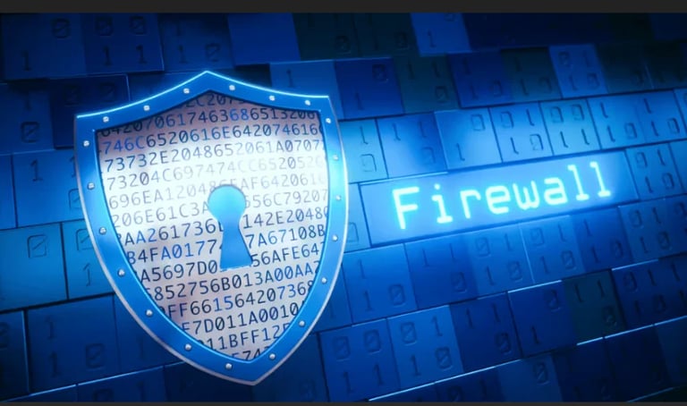 Blue digital shield with hexadecimal code and Firewall text on binary background representing cybersecurity protection