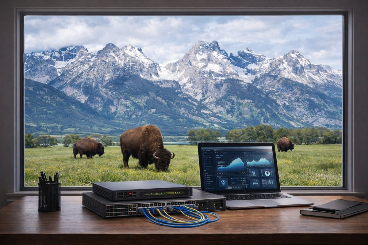 Desk workspace with laptop displaying data charts, overlooking a snowy mountain range with grazing bison in a vast green valley